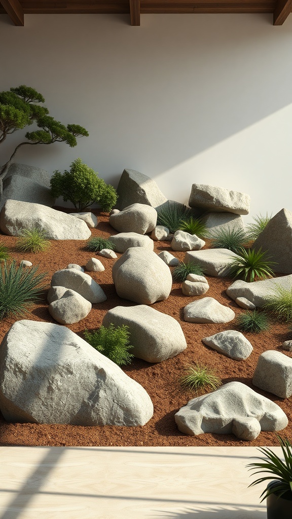 Landscape with boulders and greenery on a hillside