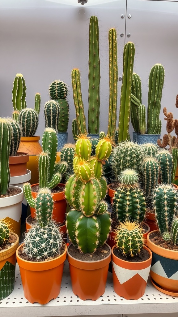 A vibrant collection of cacti in various pots displayed on a wooden shelf.