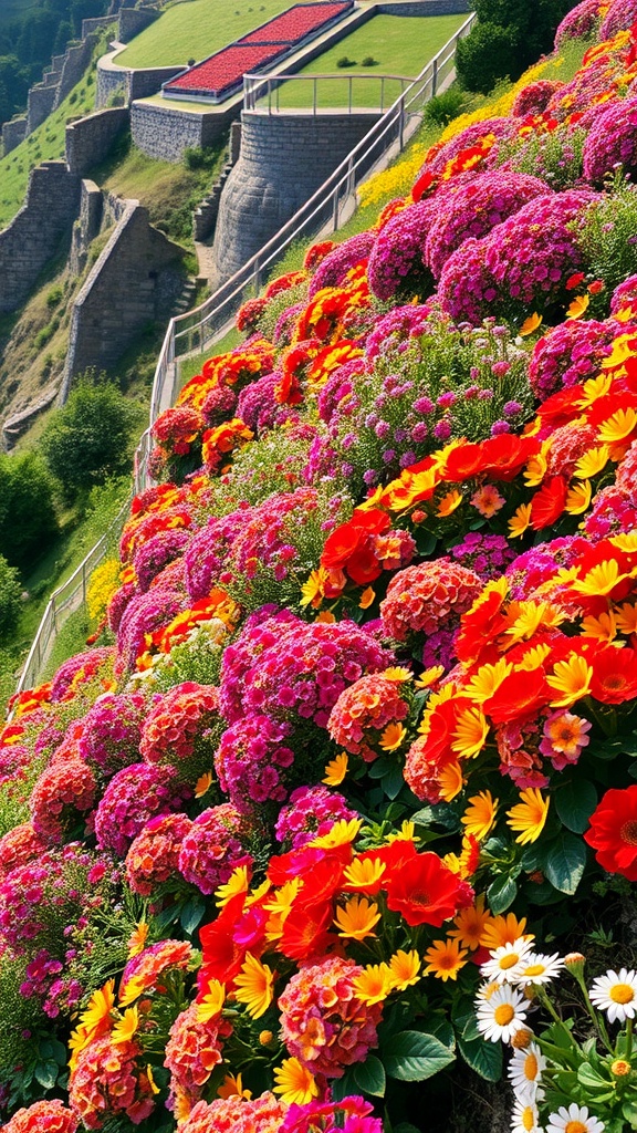 Colorful cascading flower beds overflowing with pink and red flowers on steps.