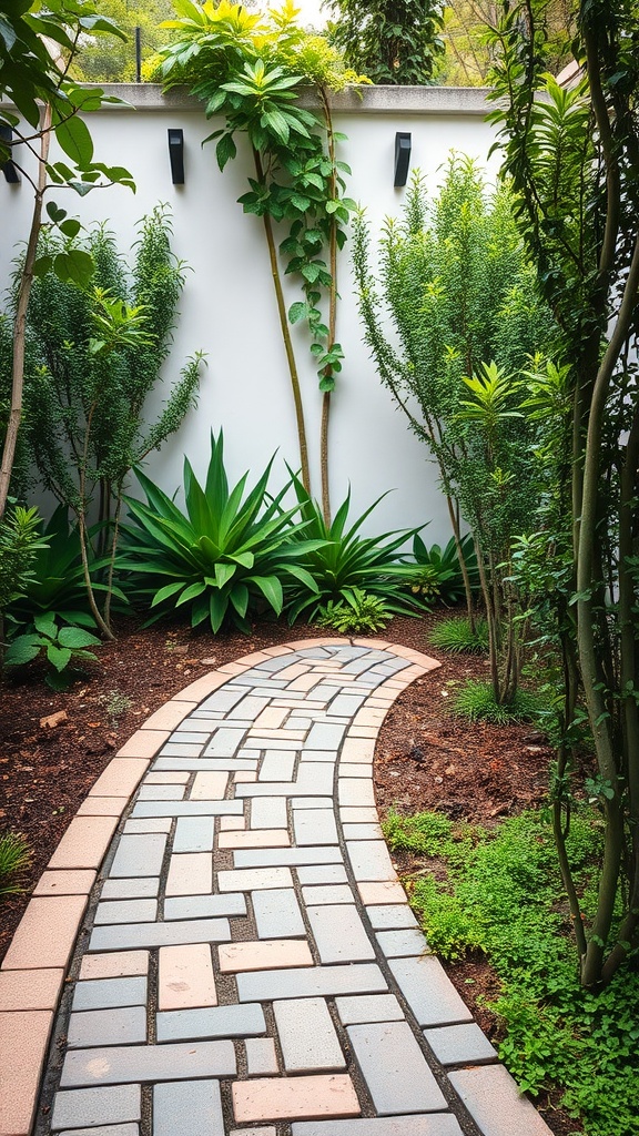 A charming curved pathway made of pavers surrounded by lush greenery in a small courtyard