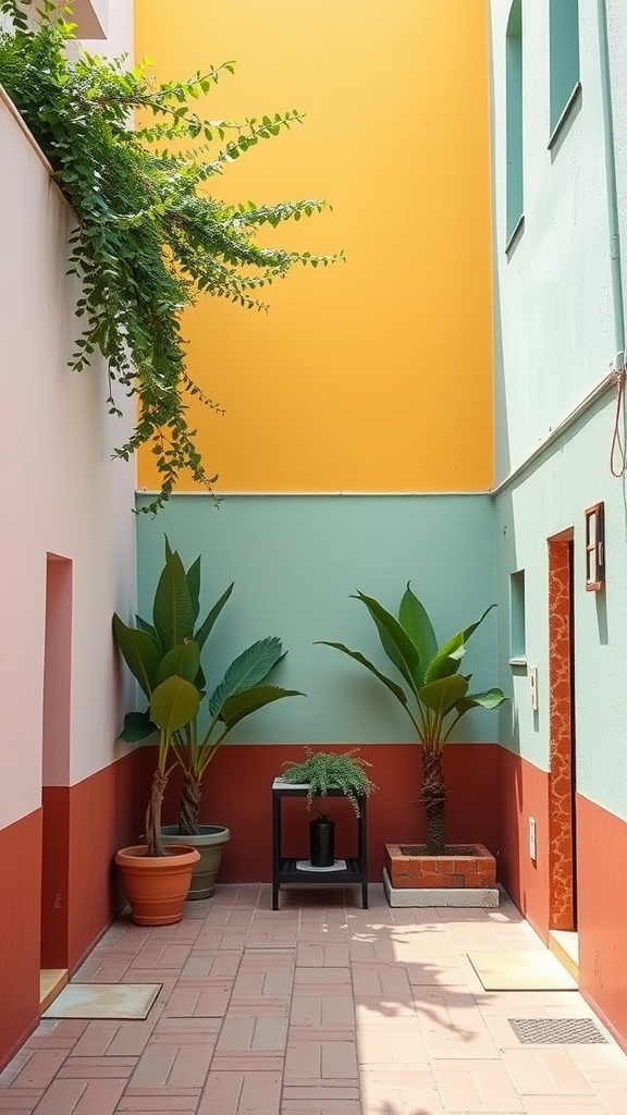 A colorful small courtyard with plants, featuring an orange wall, green accents, and terracotta pots.