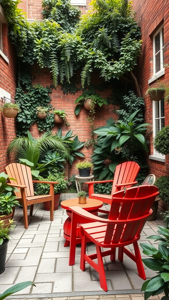 A small courtyard with colorful garden furniture, featuring red and natural wood chairs, surrounded by lush green plants against a brick wall.