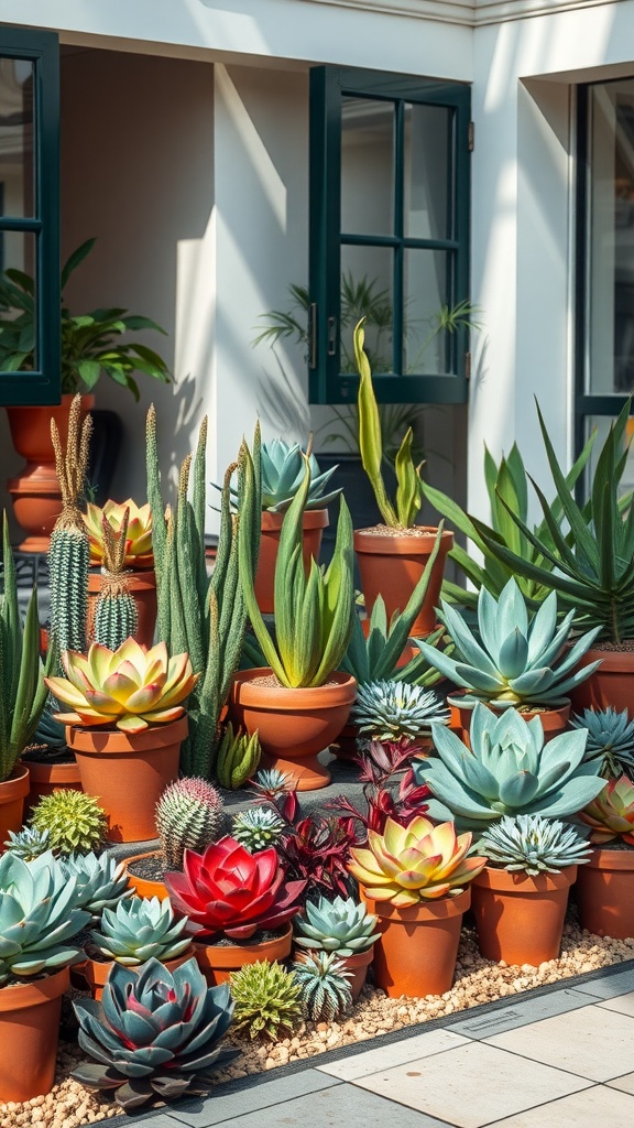 A colorful display of various succulents in terracotta pots arranged beautifully in a garden setting.