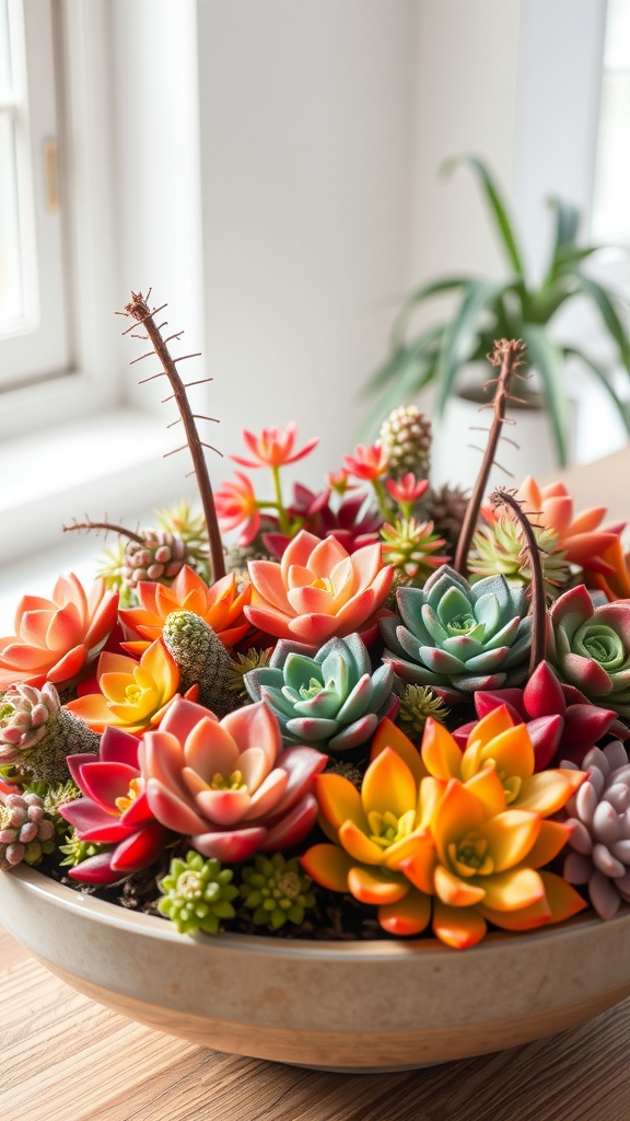 A vibrant arrangement of colorful succulents in a shallow bowl.