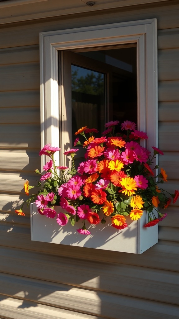 A colorful window box filled with pink, orange, and yellow flowers mounted on a mobile home.