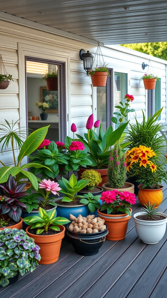 Colorful container garden on a deck with various plants