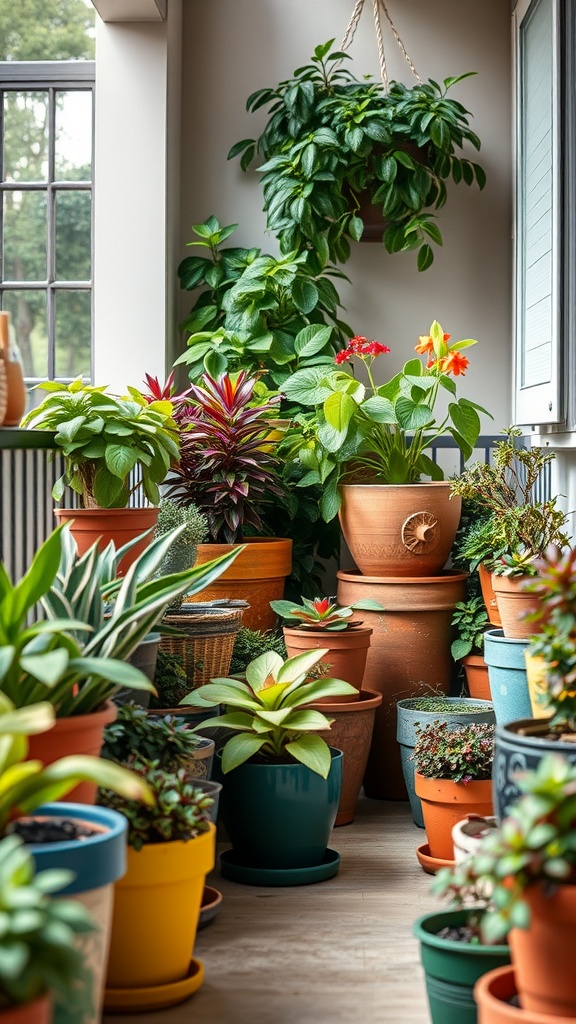 A collection of potted plants in various colors and sizes, showcasing a vibrant container garden.