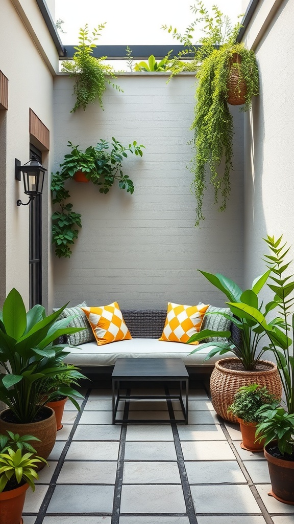 A cozy seating nook in a small courtyard featuring a sofa with colorful pillows and various plants.