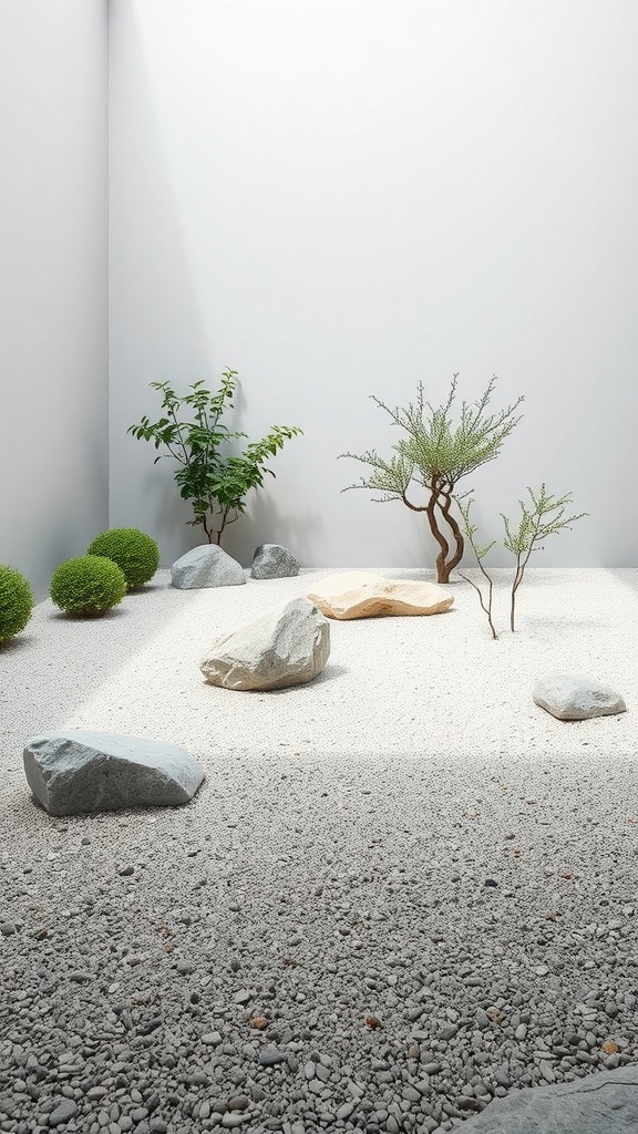 A minimalist Zen garden with smooth stones, gravel, and sparse greenery.