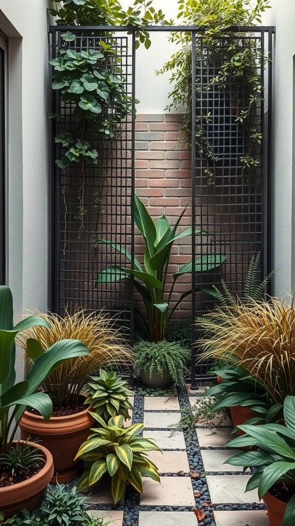 A small courtyard featuring decorative screens, lush plants in pots, and a cozy atmosphere.