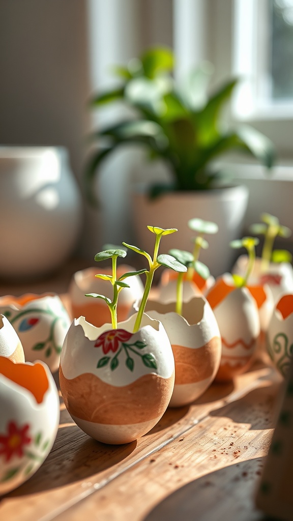 A collection of decorated eggshells with small plants growing inside, sitting on a wooden table with sunlight streaming in.