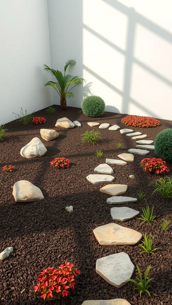 A landscaped area featuring dark mulch, stone pathways, and colorful flowers around a mobile home.