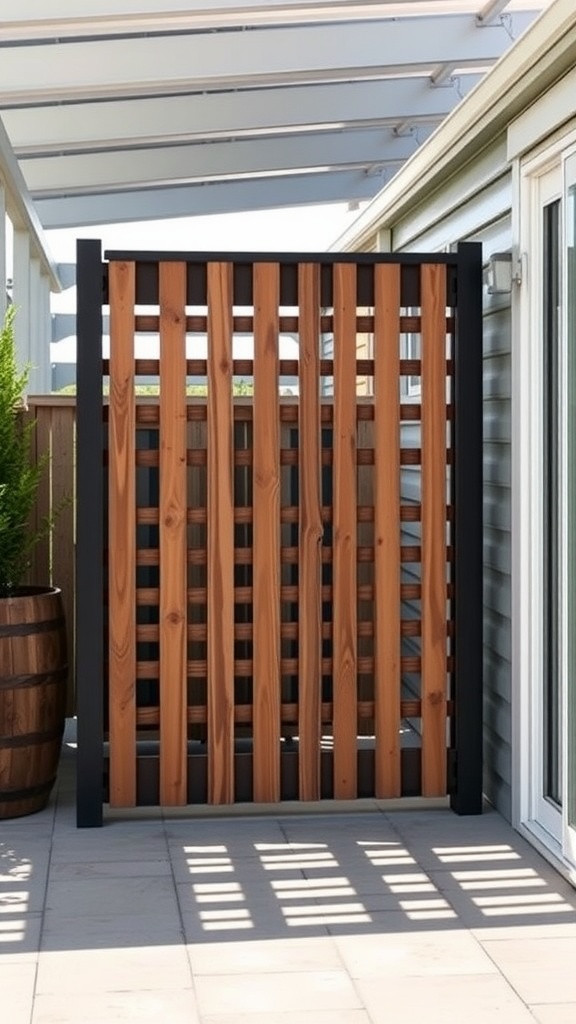 A wooden outdoor privacy screen with a slatted design