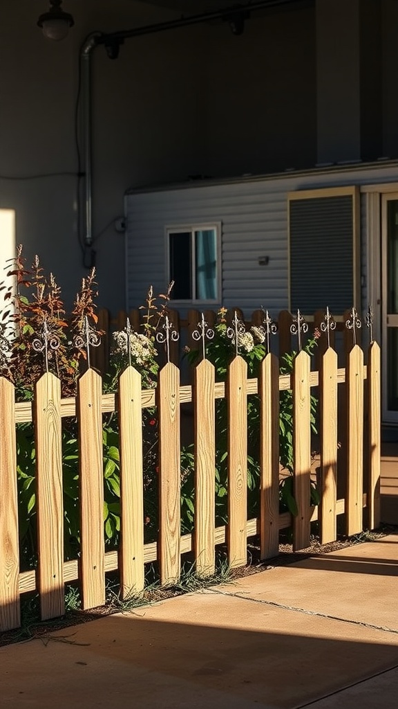 A decorative wooden picket fence surrounding colorful plants in front of a mobile home.