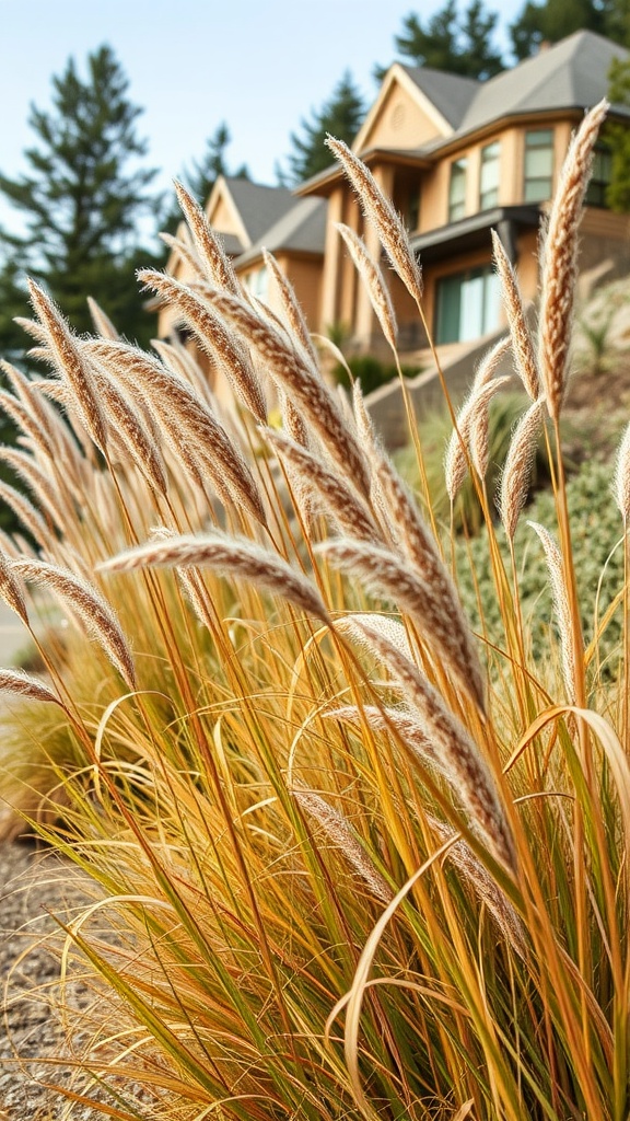 A close-up view of decorative grasses blowing in the wind on a hillside.