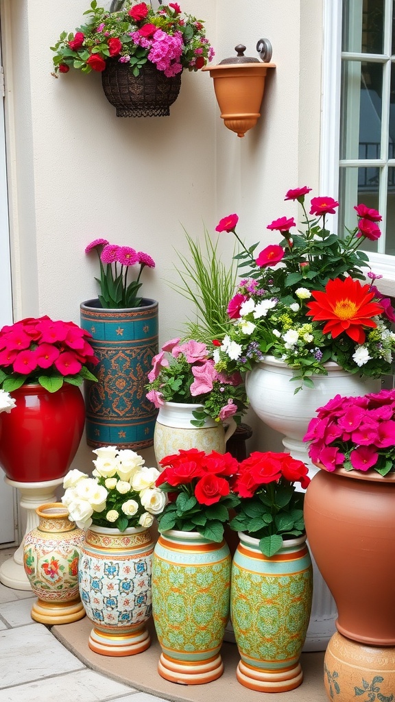 A small courtyard filled with colorful decorative pots and planters, featuring a variety of vibrant flowers and a decorative goose.