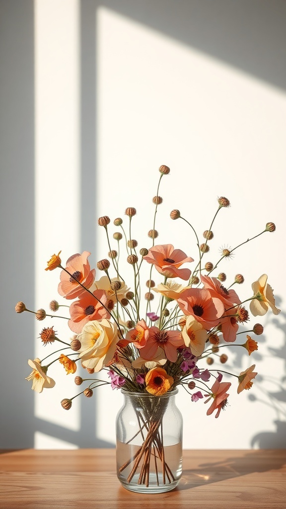 A vibrant dried flower arrangement in a glass vase on a wooden table