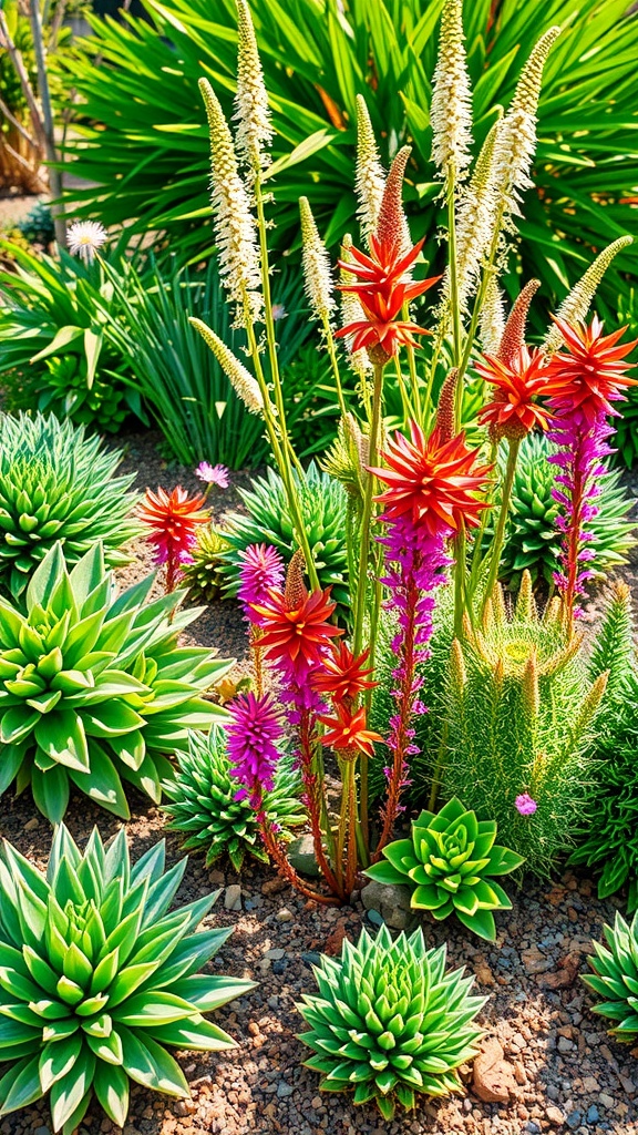 A vibrant low maintenance landscape featuring drought-resistant plants including agave, cacti, and succulents.