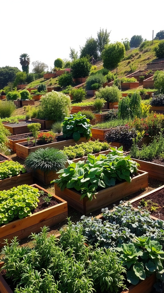 A hillside featuring raised garden beds filled with various herbs and vegetables.