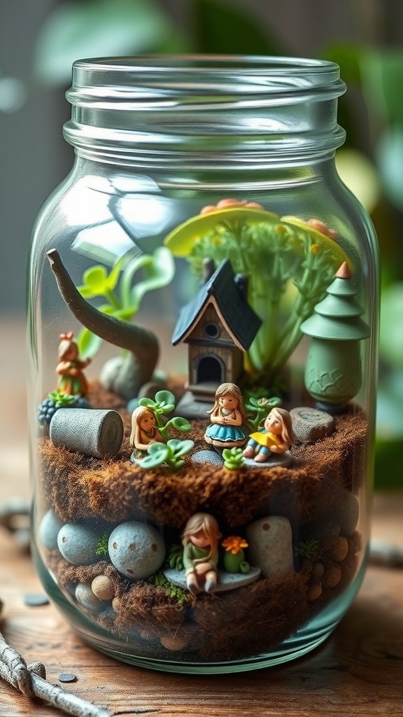 A whimsical fairy garden in a jar featuring miniature people, plants, and a butterfly