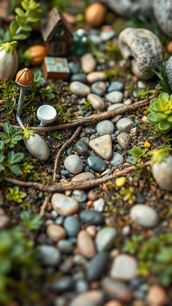 A cozy indoor garden path made of colorful pebbles, flowers, and greenery, creating a whimsical atmosphere.