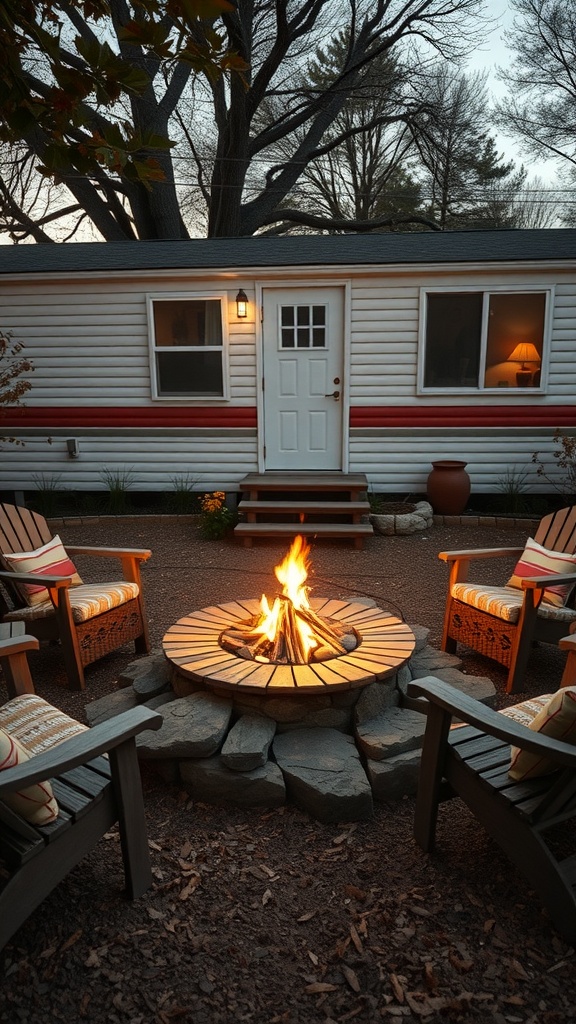 A fire pit area with wooden chairs around a stone fire pit in front of a mobile home