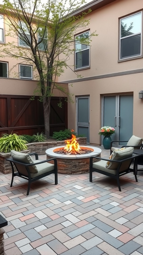 A cozy courtyard featuring a fire pit surrounded by seating, creating a warm gathering space.