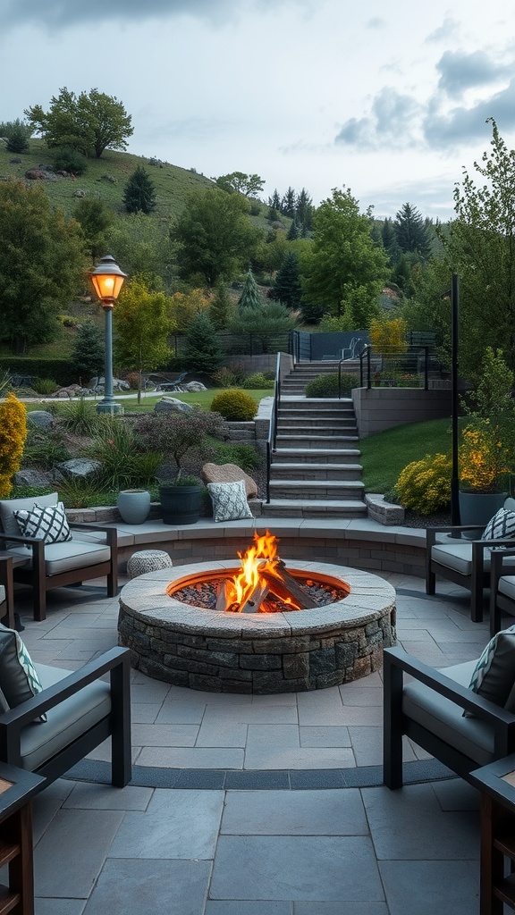 A cozy fire pit surrounded by seating on a steep hillside, with stairs leading to other landscaped areas.