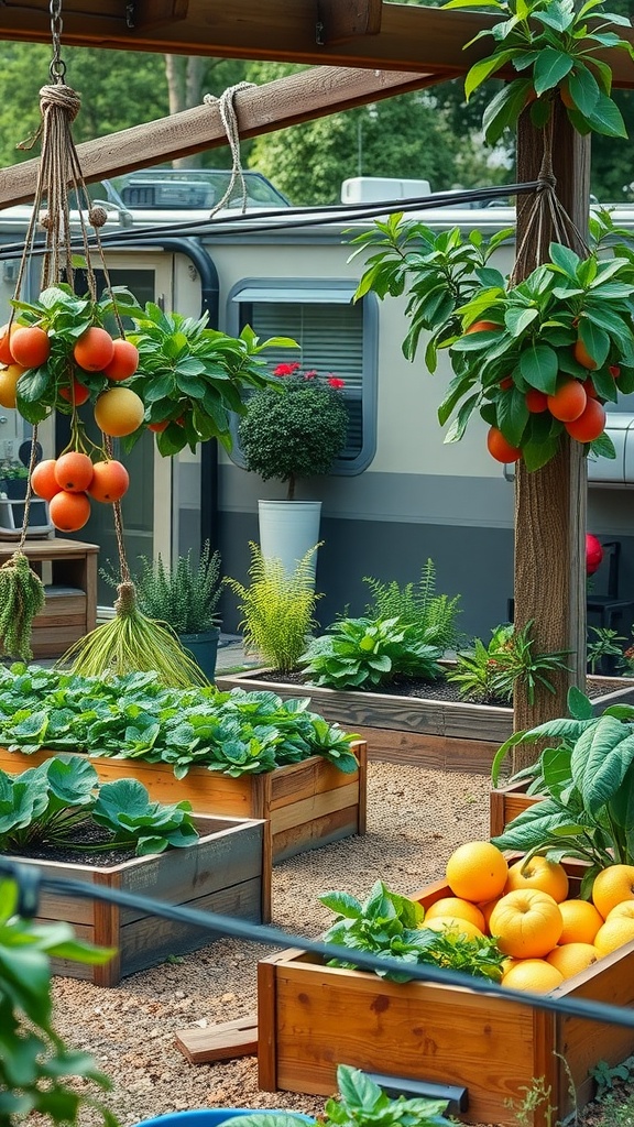 A mobile home landscape featuring hanging fruit trees and raised garden beds with leafy greens