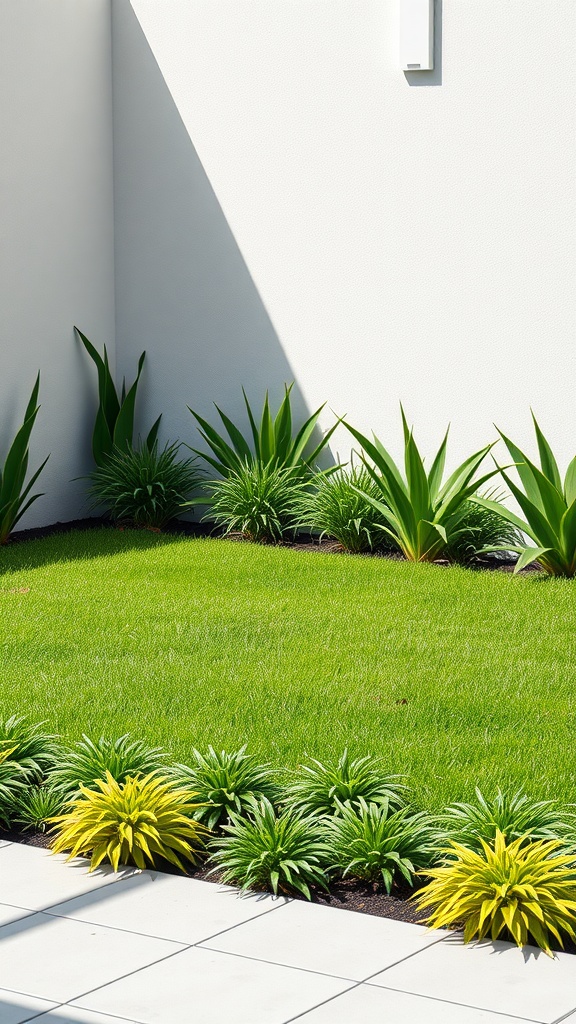 A modern landscape with green grass and colorful ground covers.