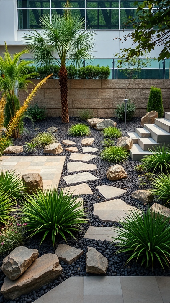 Hardscaped outdoor area with stepping stones, rocks, and tropical plants.