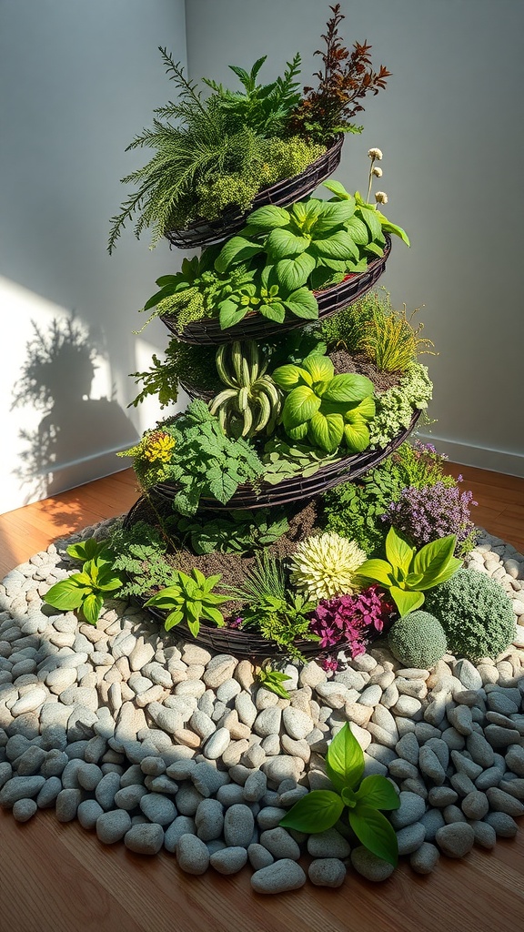 A beautifully arranged herb spiral garden with various herbs growing in a spiral formation, surrounded by decorative pebbles.