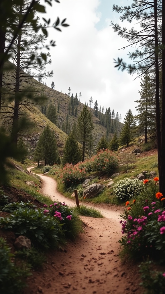 A scenic hiking trail winding through a hillside, surrounded by trees and colorful flowers.