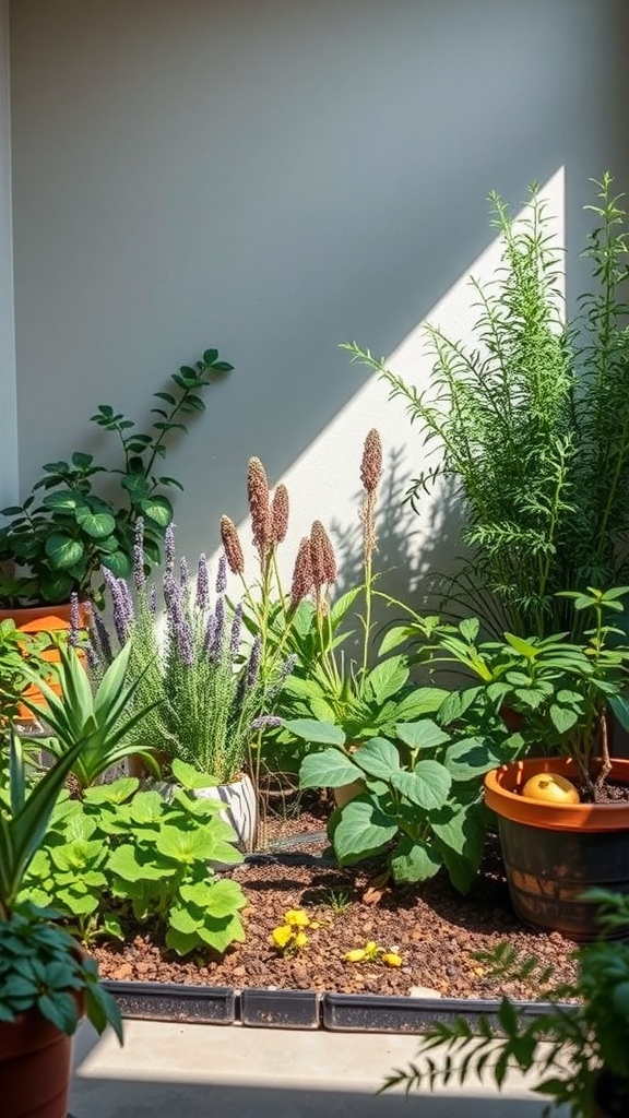 A sunny garden corner filled with various plants, including herbs and flowers, showcasing a low-maintenance edible landscape.