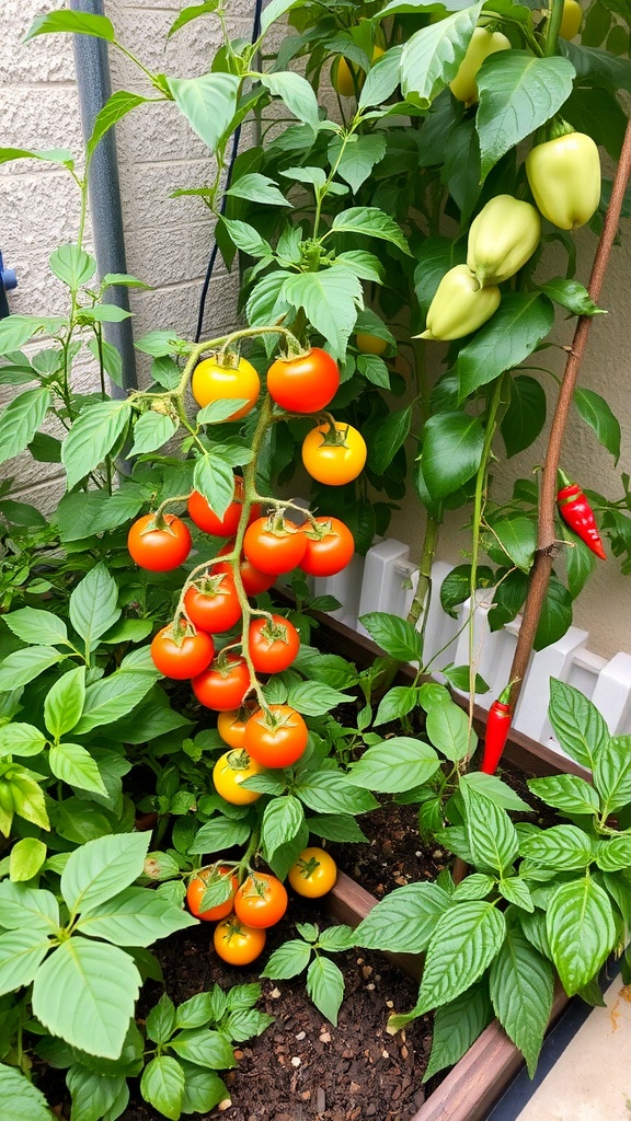 Tomato plants with ripe tomatoes in a small courtyard