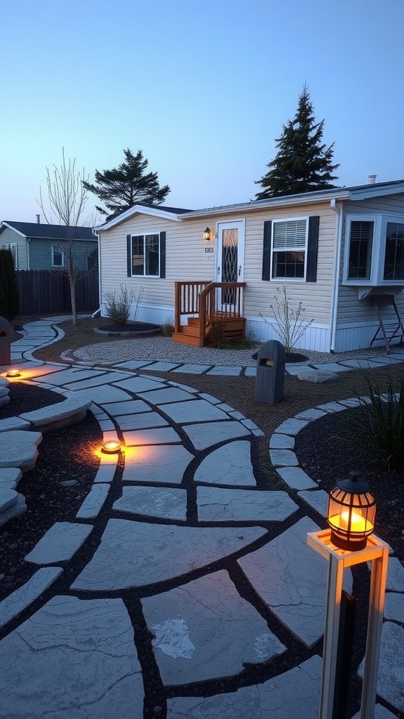 A beautifully landscaped mobile home with stone pathways and soft lighting.