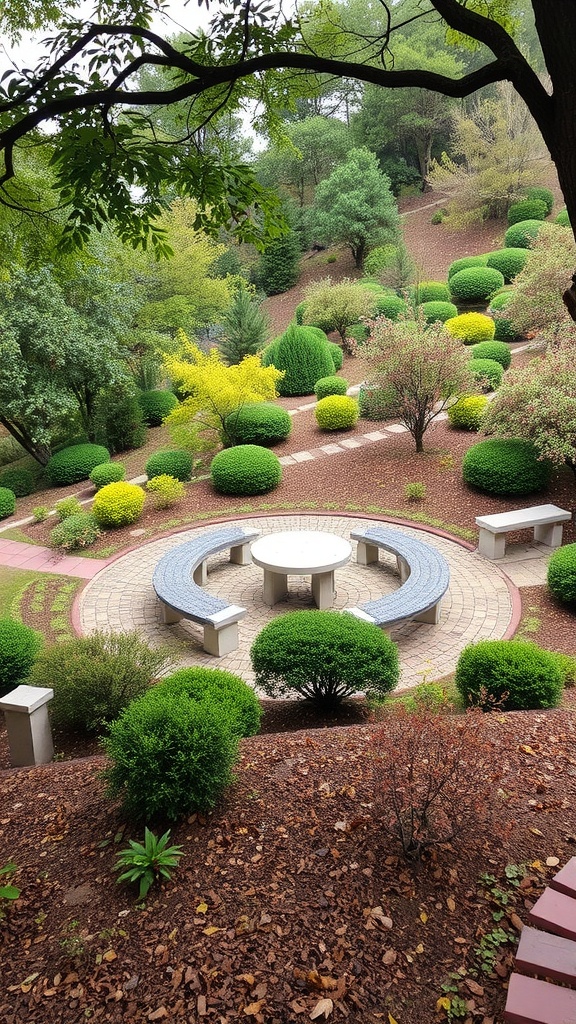 A cozy terrace on a steep hillside featuring wooden seating and a small table, overlooking a beautifully landscaped garden.