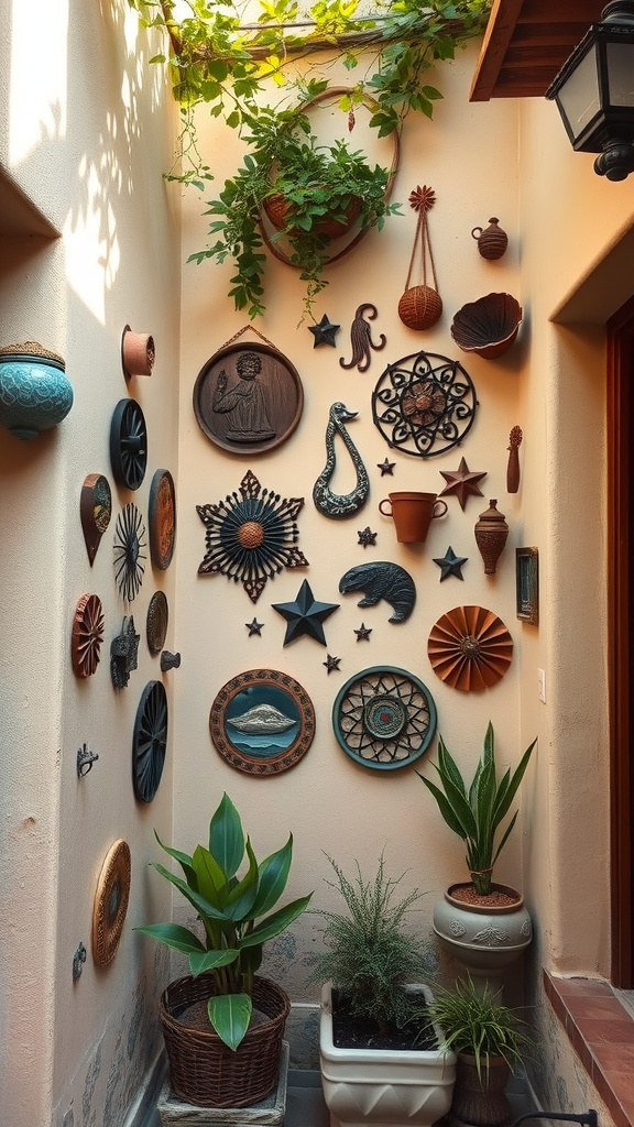 Small courtyard featuring wall art, greenery, and warm lighting.