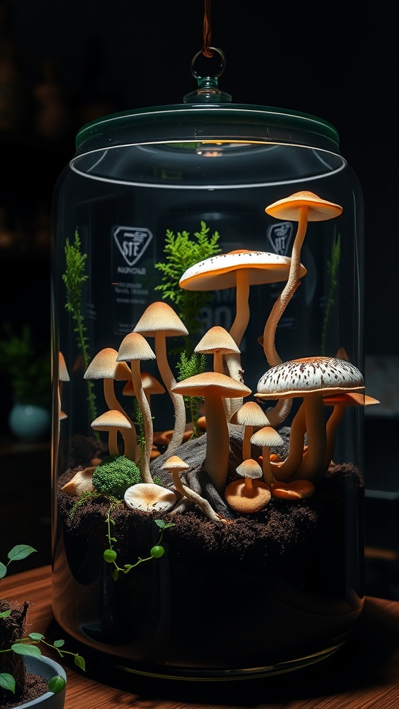 An indoor mushroom garden in a glass terrarium, showcasing various mushroom types with greenery.