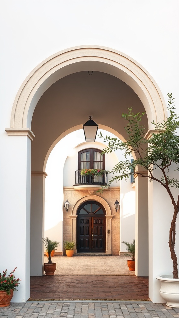 A beautifully designed archway leading to a courtyard with potted plants and a modern lantern.