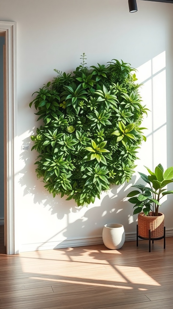 Living wall art featuring a variety of green plants on a white wall