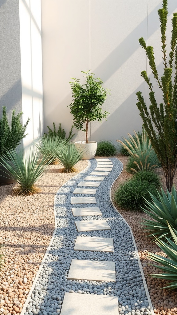 A winding garden path made of stepping stones surrounded by ornamental plants and gravel.