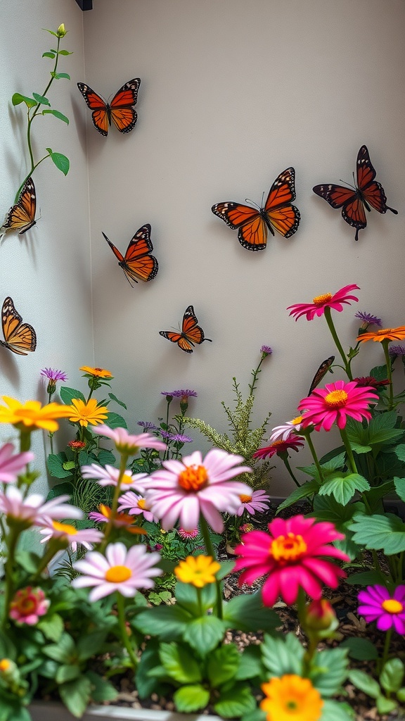 A vibrant mini butterfly garden with colorful flowers and butterflies on the wall.