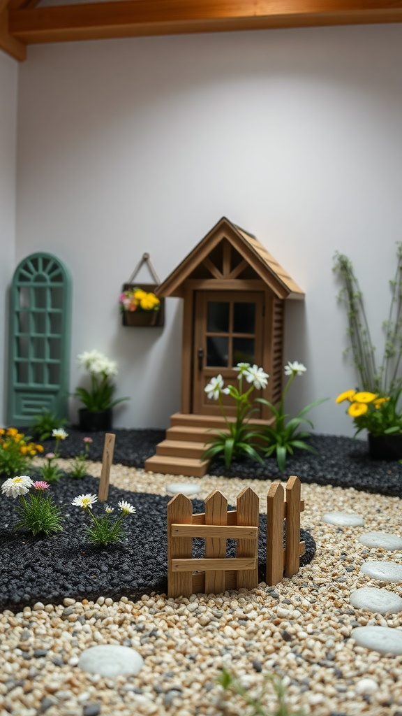 A mini cottage garden featuring a small wooden house, flowers, and decorative stones.