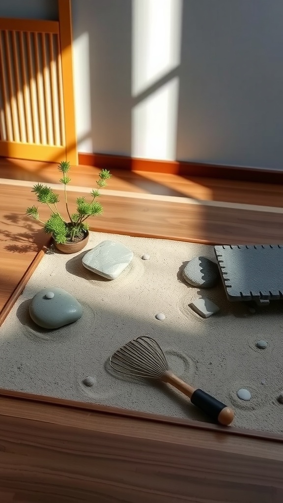 A mini Zen garden with sand, stones, and a rake, featuring a small plant in the corner.