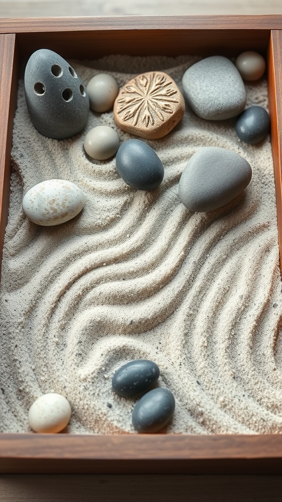 A serene mini Zen rock garden featuring smooth stones and raked sand.