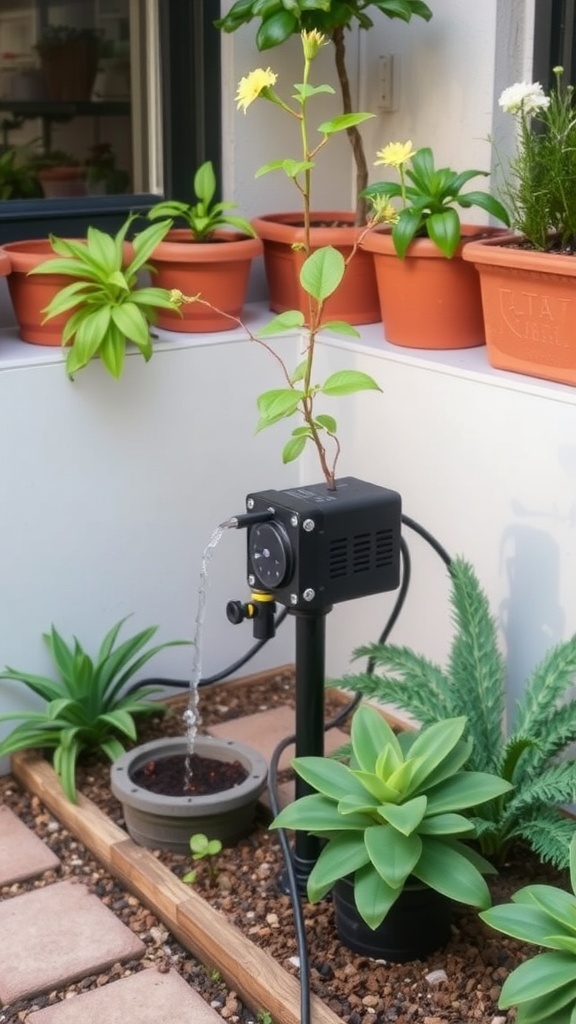 A modern miniature garden watering system featuring a sleek black design with flowing water, surrounded by green plants in a well-lit courtyard.