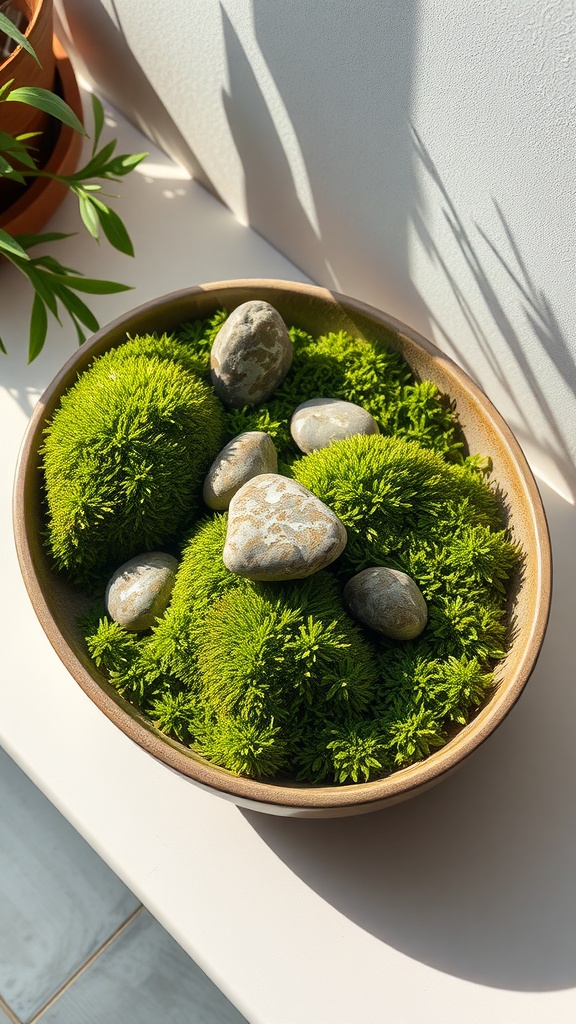 A charming arrangement of green moss and stones in a decorative bowl