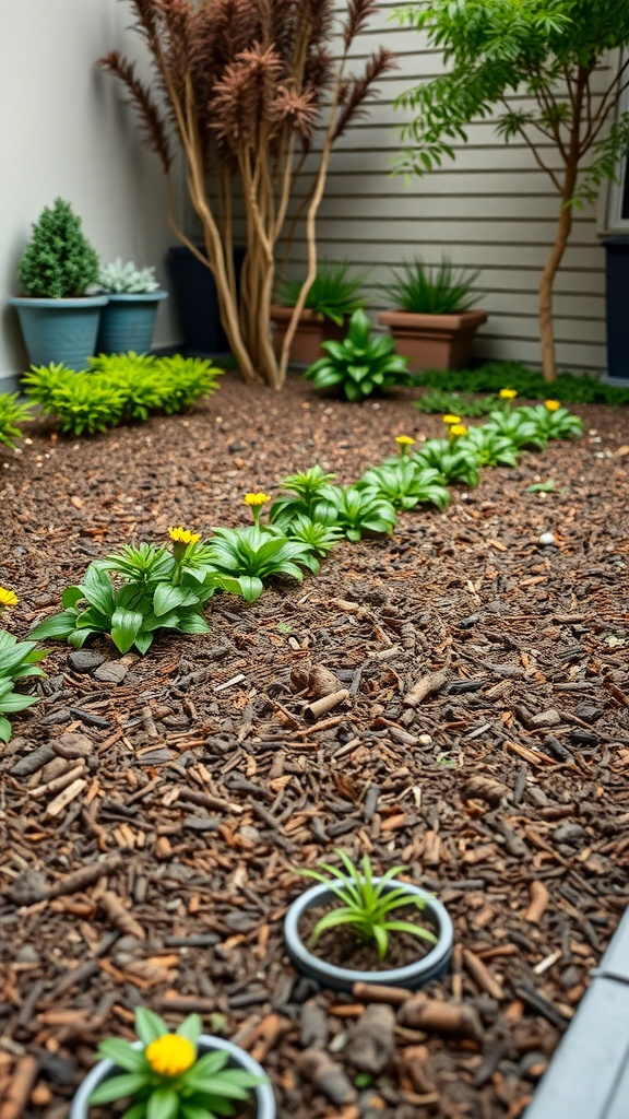 A landscaped garden with mulched beds and colorful plants.