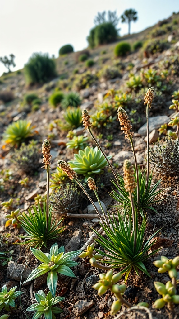 A variety of native plants growing on a steep hillside